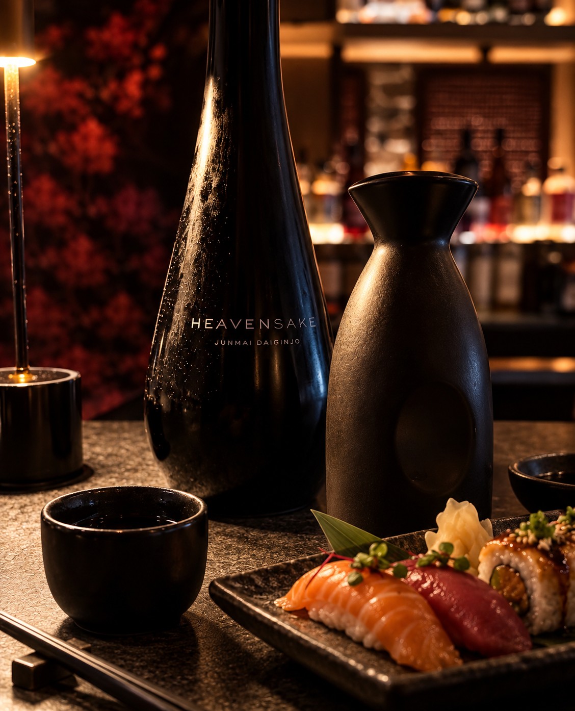 HeavenSake Junmai Daiginjo with sushi at SHO Asian Table