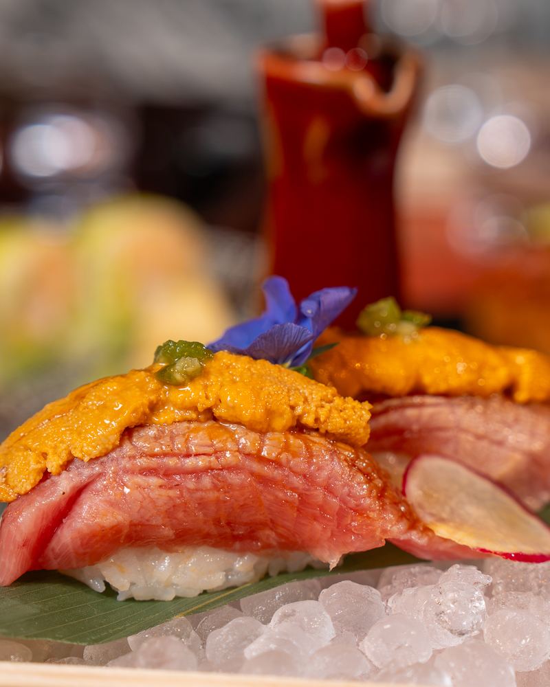 Sunset Hour, seared toro nigiri topped with uni